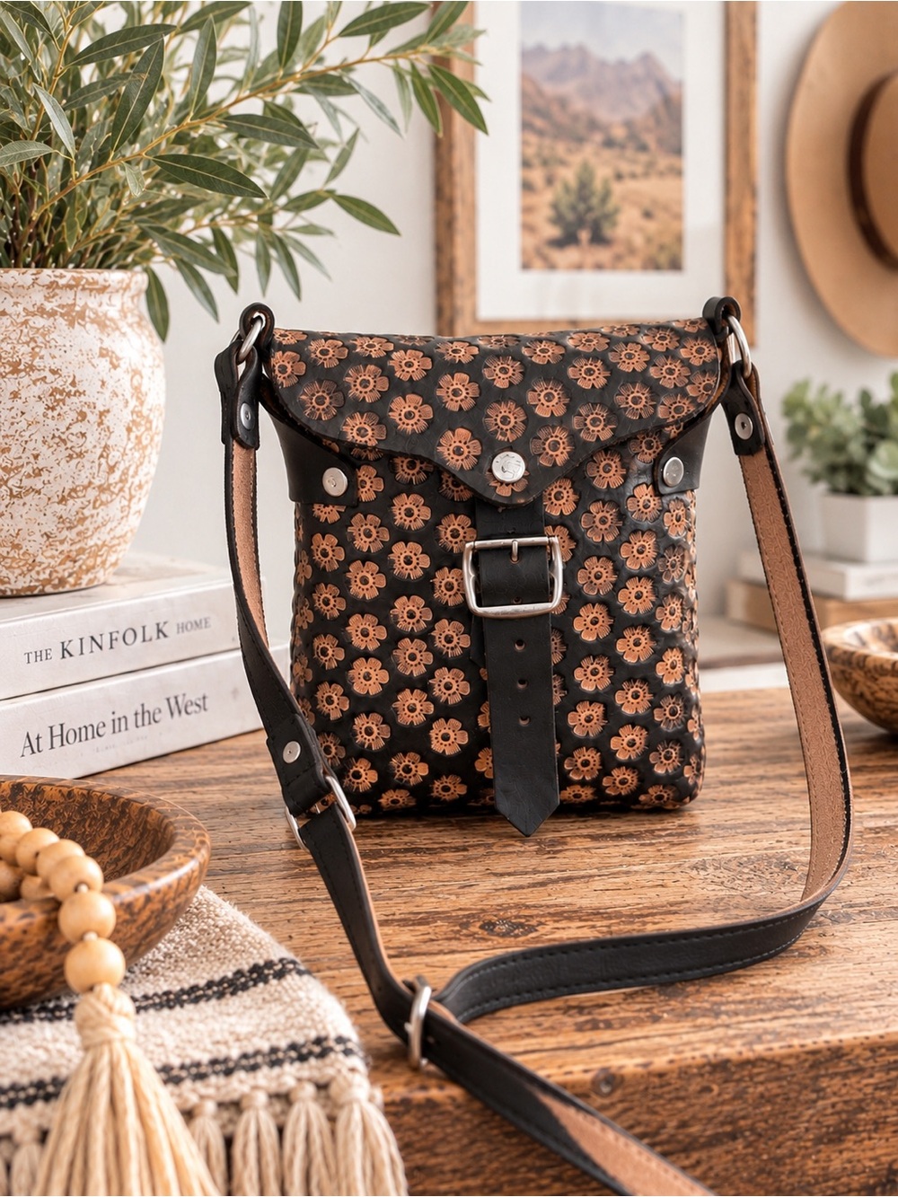 Handcrafted Floral Tooled Leather Crossbody Bag Western Boho Artisan Shoulder